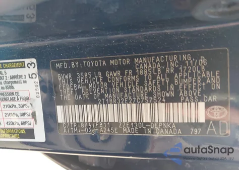 2007 Toyota Corolla Le from USA, damaged, VIN 2T1BR32E27C757524